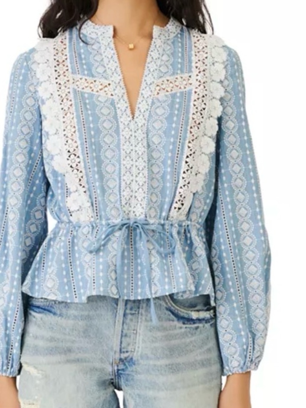 MAJE Laviata Embroidered Cotton Blouse Size Maje 2 US 6 Blue White Eyelet French